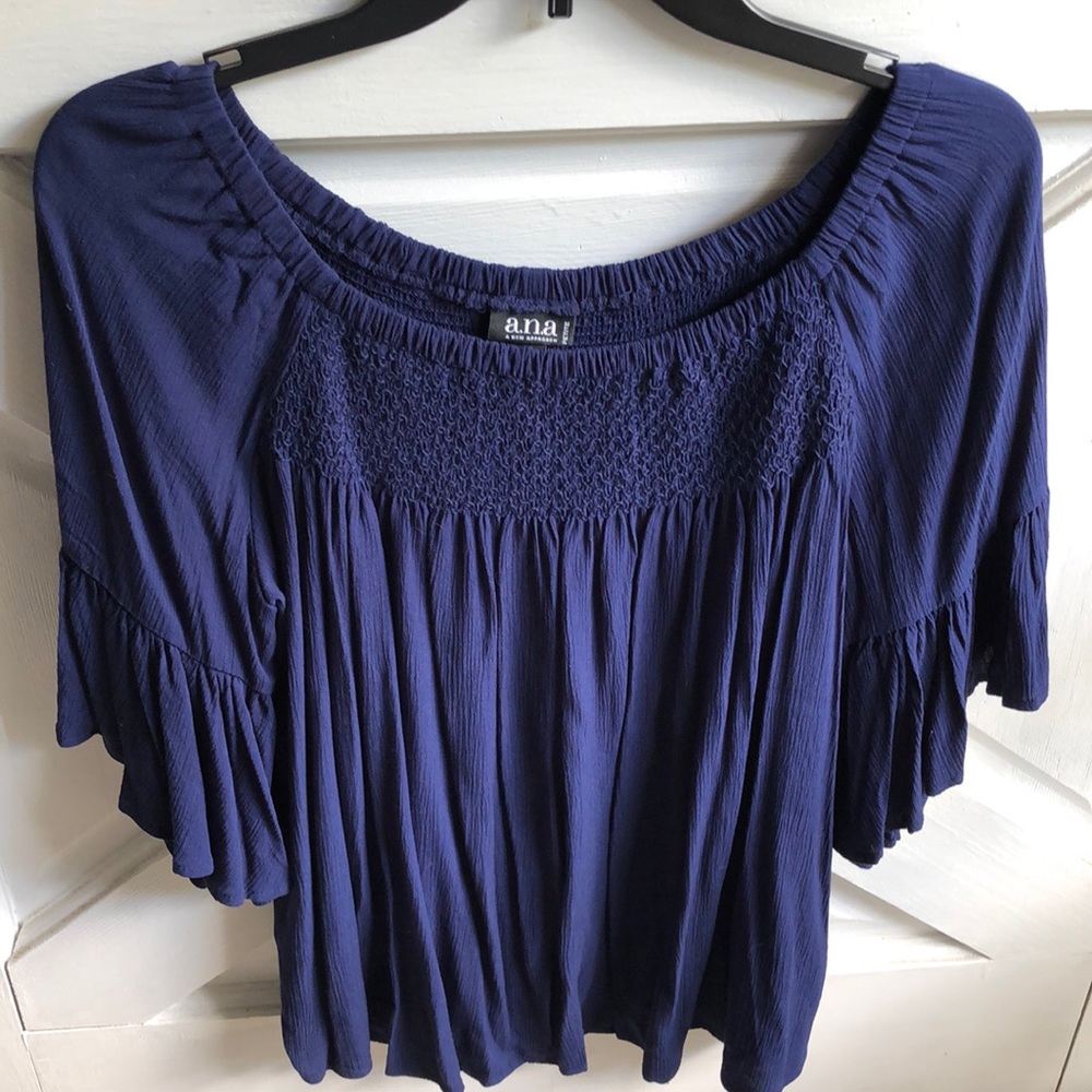 NWOT a.n.a blouse. Bell sleeves. Rich navy blue color. Flowy. Petite Large.